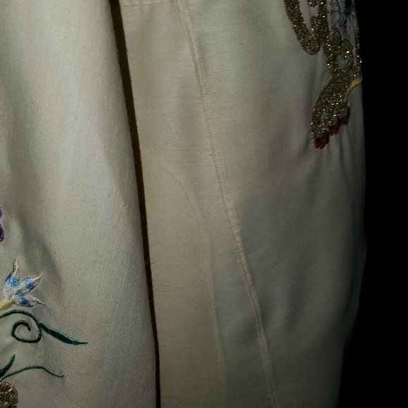 Boho VTG Metallic Embroidered Slub Silk Kaftan Maxi Dress Beige Gold Multi Sz S - Picture 6 of 9